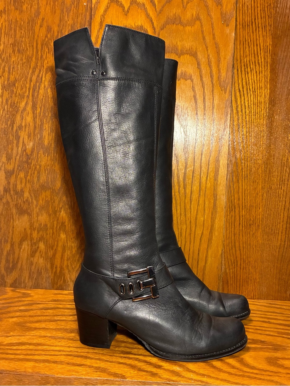 Adrienne Vittadini Knee High Moto Boots Chunky Buckle Black Leather Size 8